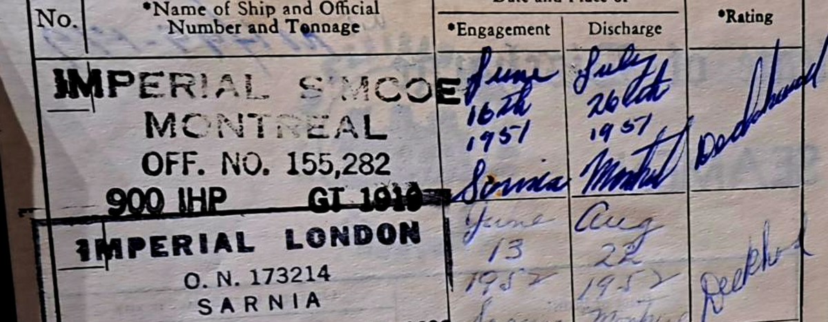 A page from a 1950s merchant seaman's discharge book: stamped ship names and handwritten dates.